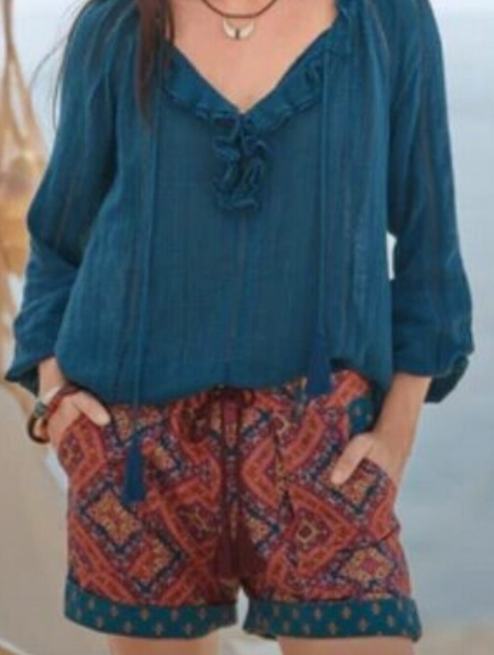 Sundance Teal Ruffled V-Neck Tunic